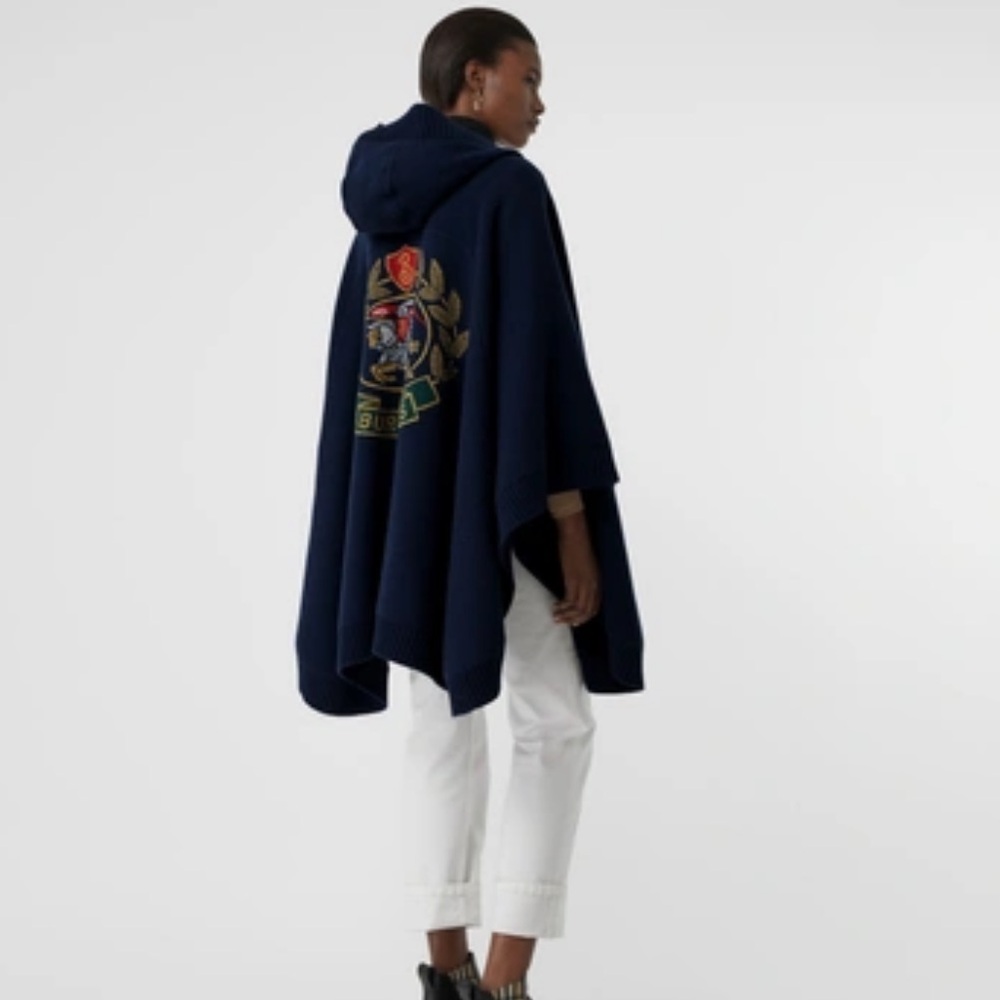 BURBERRY Crest Wool Blend Jacquard Hooded Cape In Navy